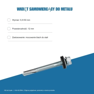 Wkręt samowiercący do metalu 5,5x50 mm, przewiercalność 12 mm, EPDM, 100 szt. – ocynk bez lakieru
